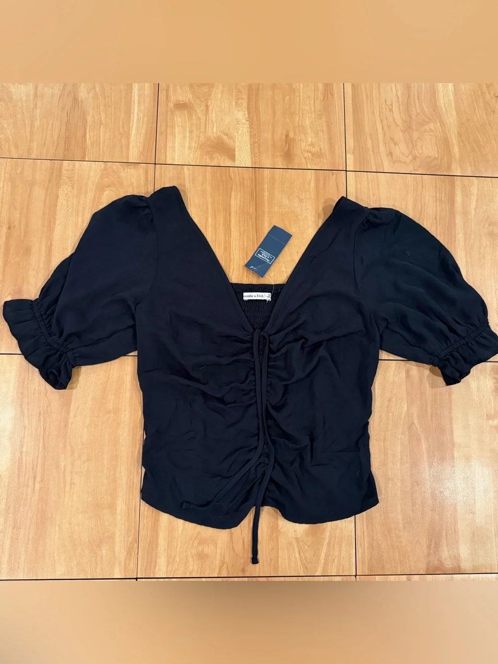 Abercrombie & Fitch Cinch Front Puff Sleeve Top Black S NWT